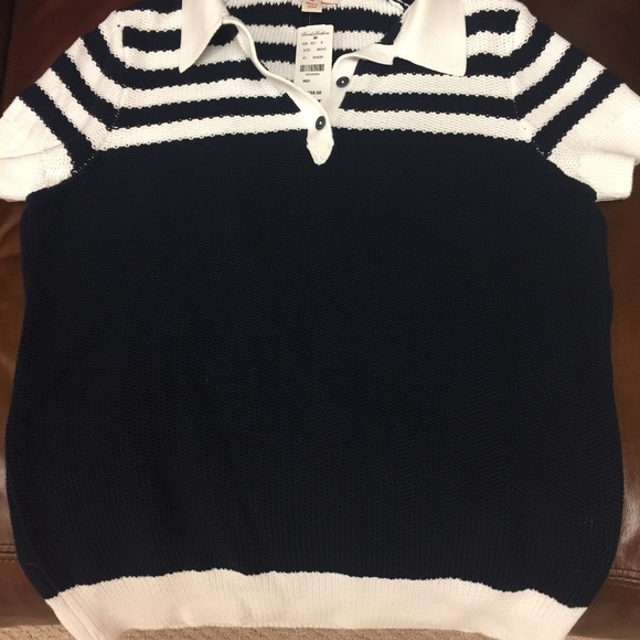 NWT Brooks Brothers' red fleece' navy stripe short sleeve sweater /Medium - Picture 3 of 13